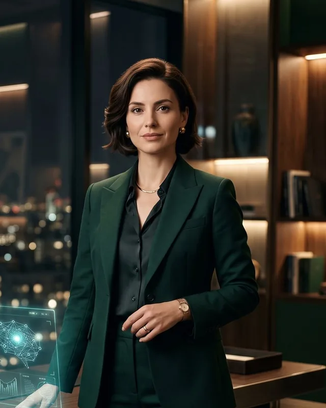 Mila, an adult woman in a dark green suit, in an evening office